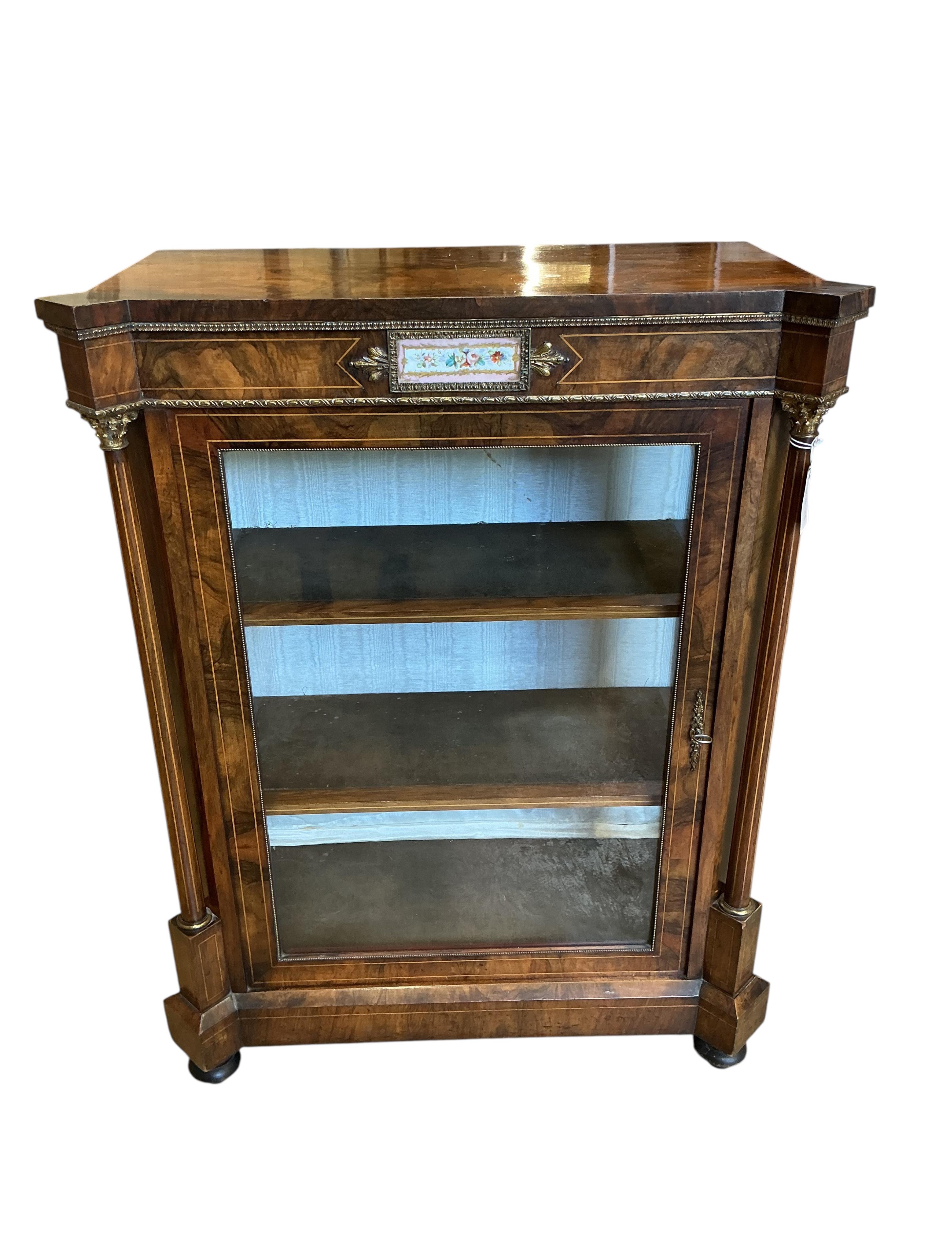 A Victorian walnut and porcelain mounted pier cabinet, width 82cm, depth 40cm, height 108cm